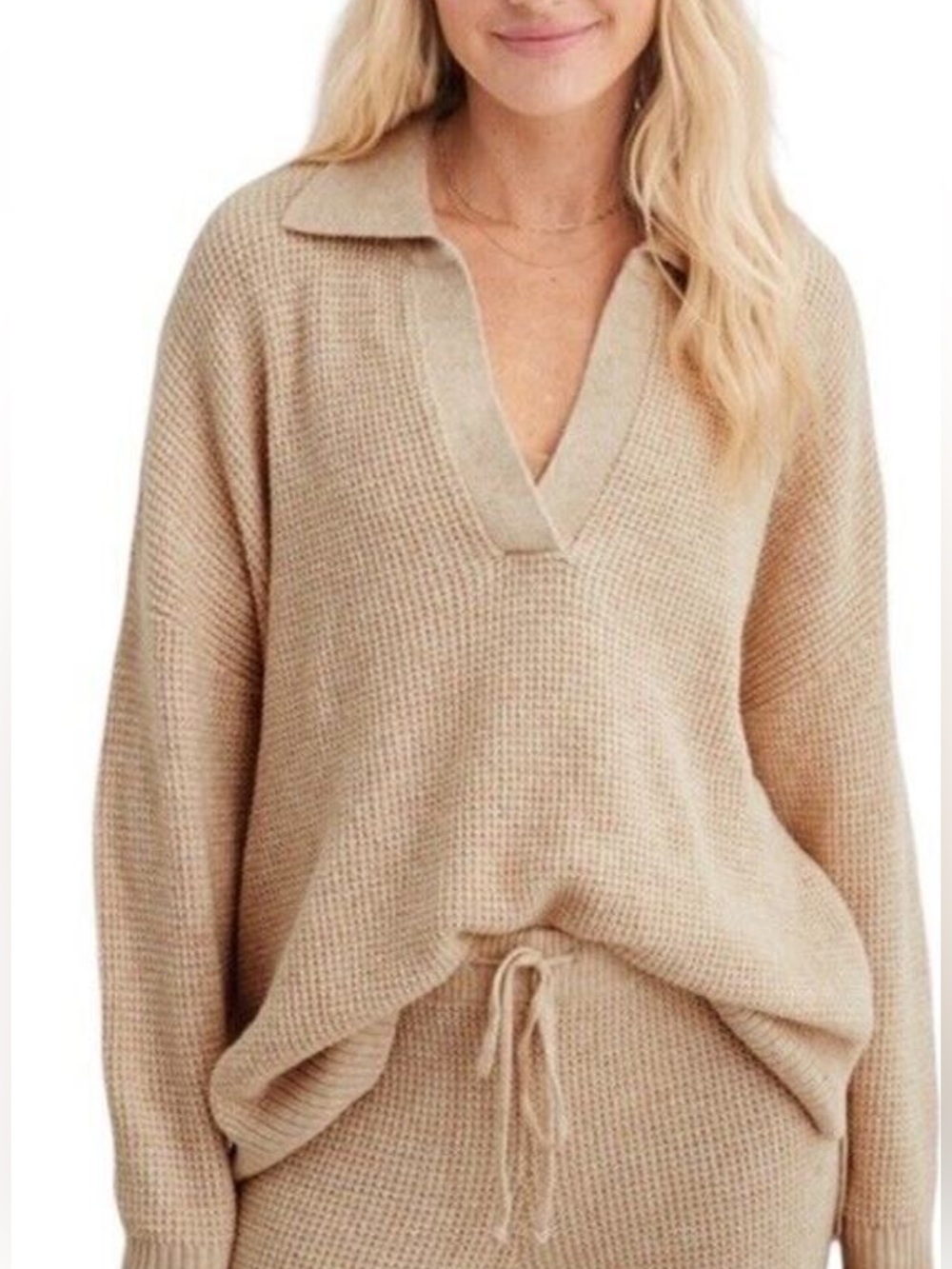 aerie Beige Knit Collared V-Neck Sweater
